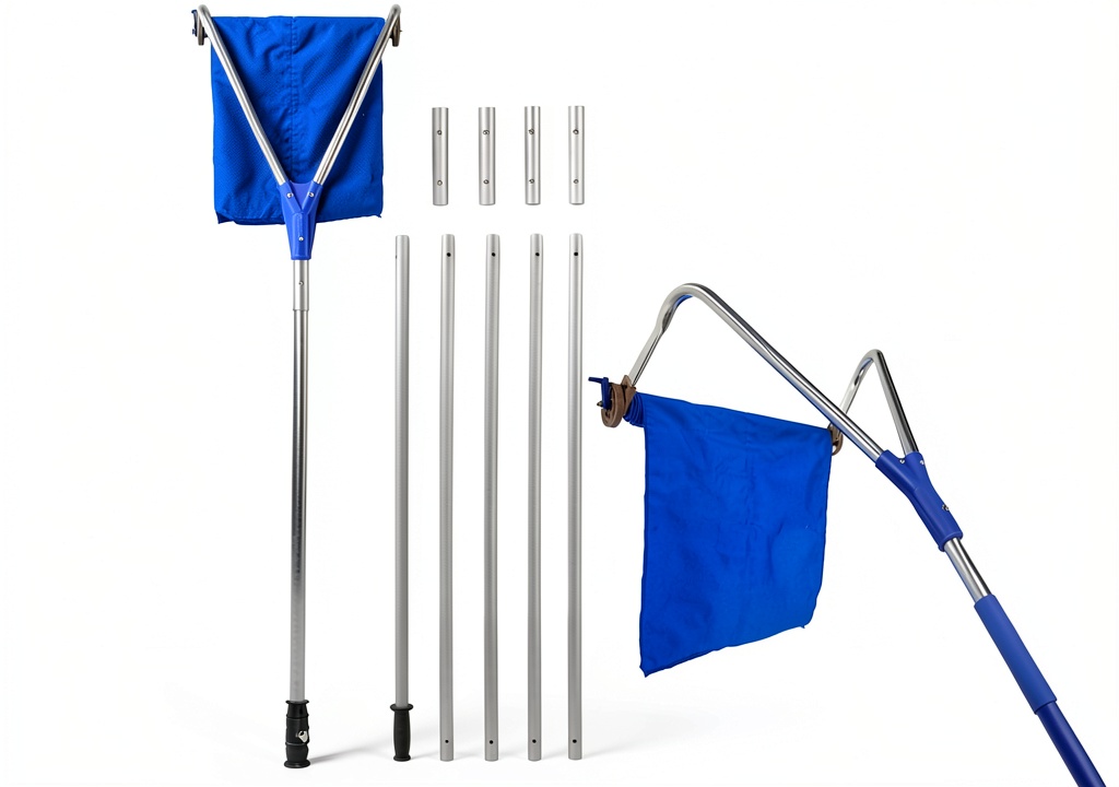 Extendable snow roof rake in use on a residential roof