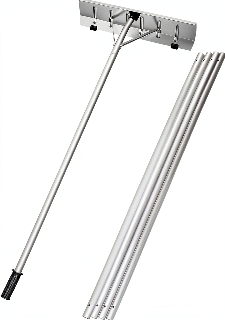 'GnL Recsports Roof Rake extended to full length on a snowy roof'