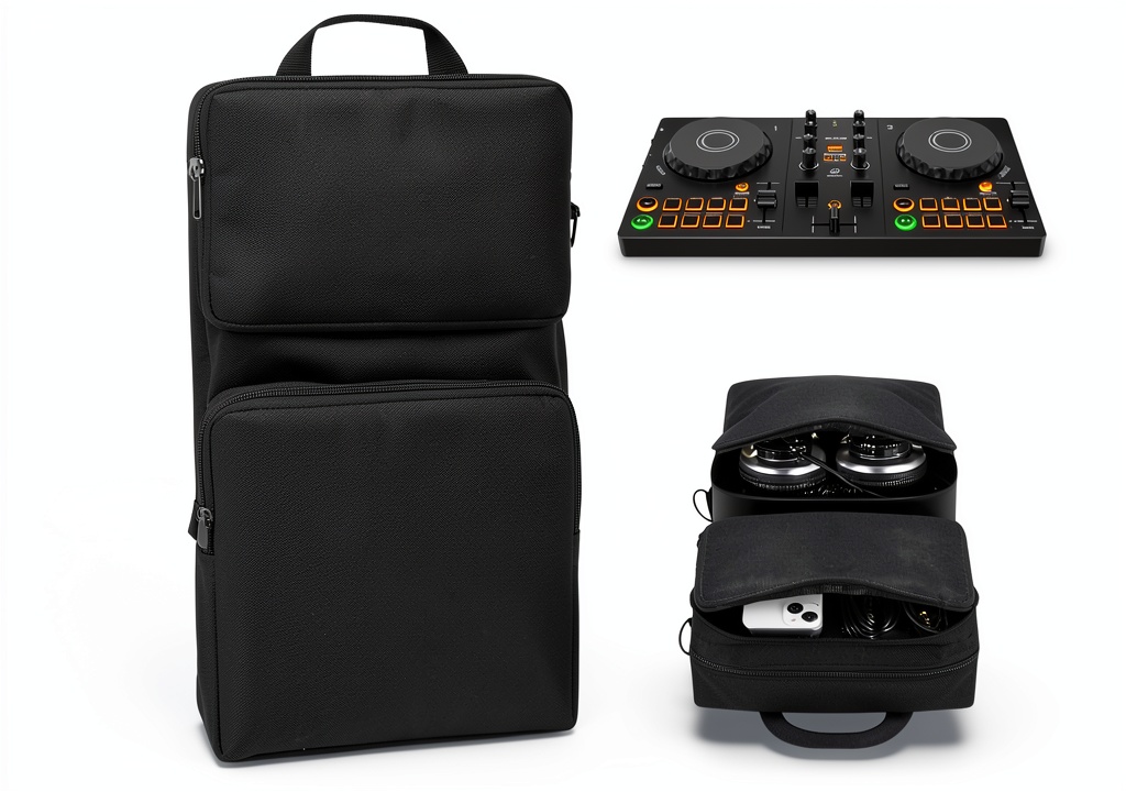 MegaDive DJ Controller Case on a wooden DJ booth with cables and laptop visible